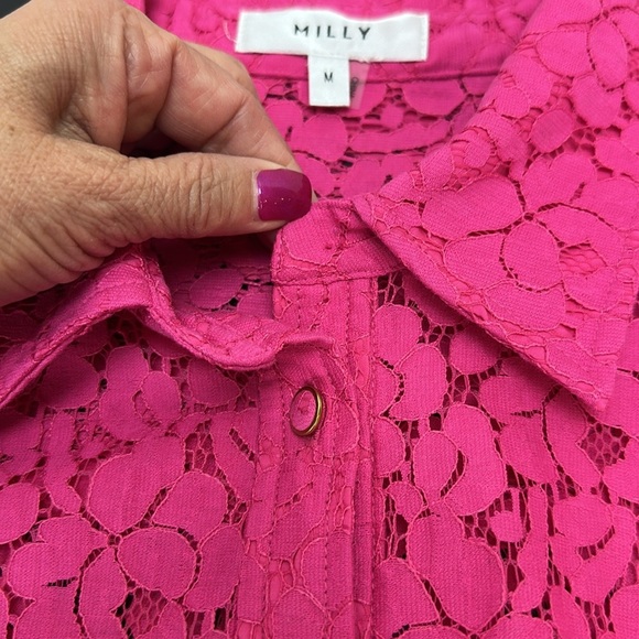 Milly Hot Pink All Over Lace Button Up Shirt Medium Puff Sleeve Semi Sheer - Picture 15 of 15
